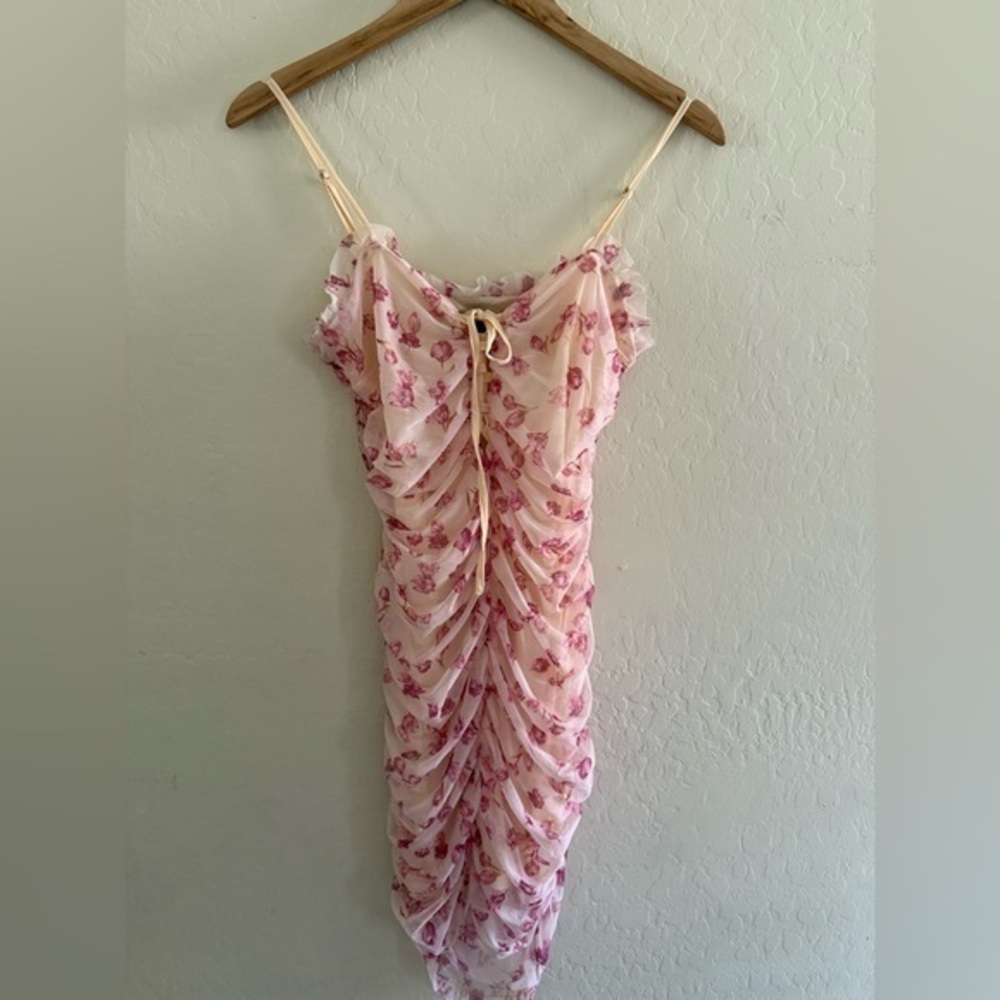 Floral Ruched Dress with Pink Accents